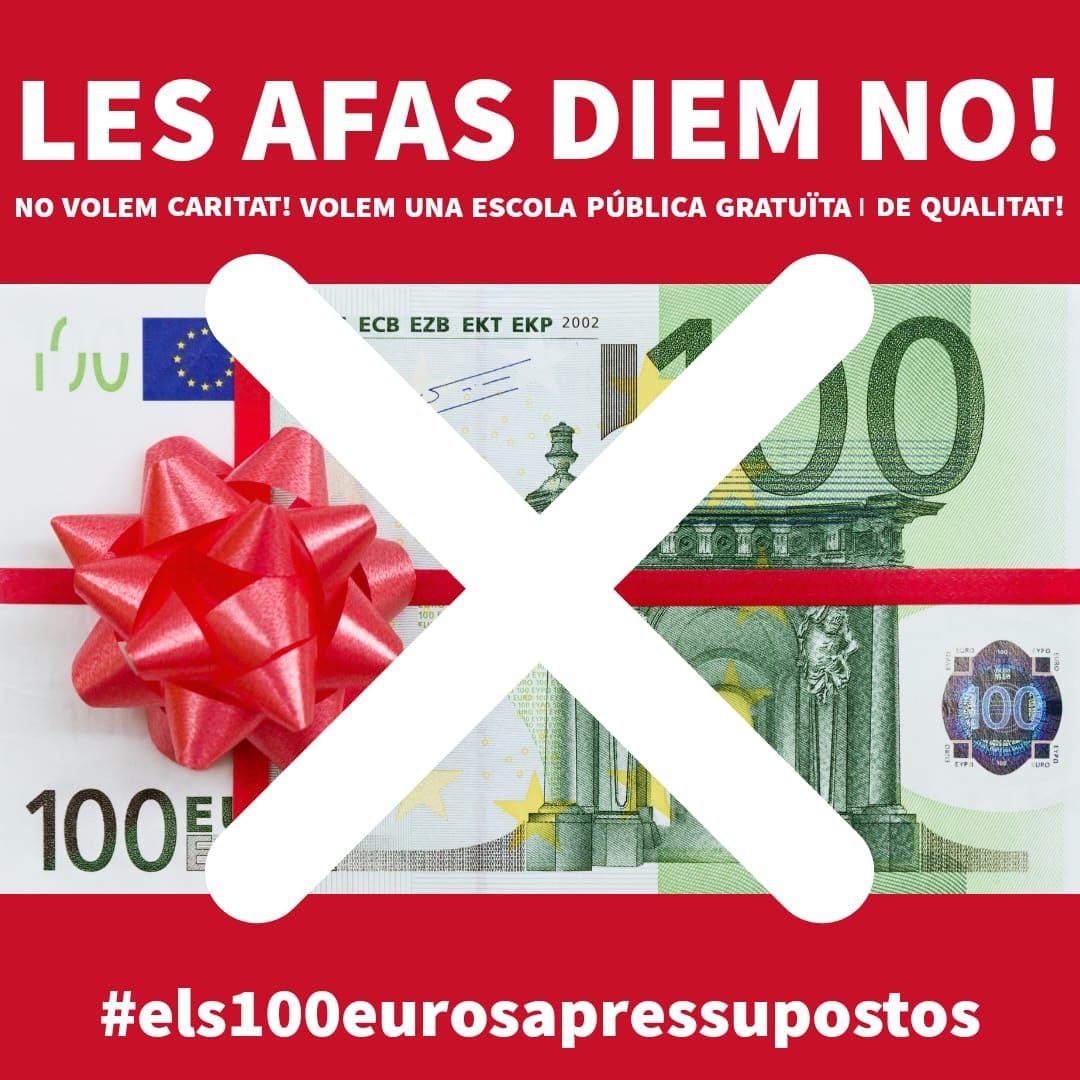 Les AFA's diem NO AL XEC DE 100€! No volem caritat, volem una escola pública de qualitat i gratuïta!
 <a href="/govern/">Govern de Catalunya</a> <a href="/educaciocat/">Educació</a>
#els100eurosaPressupostos
 #els100eurosaLaPublica
