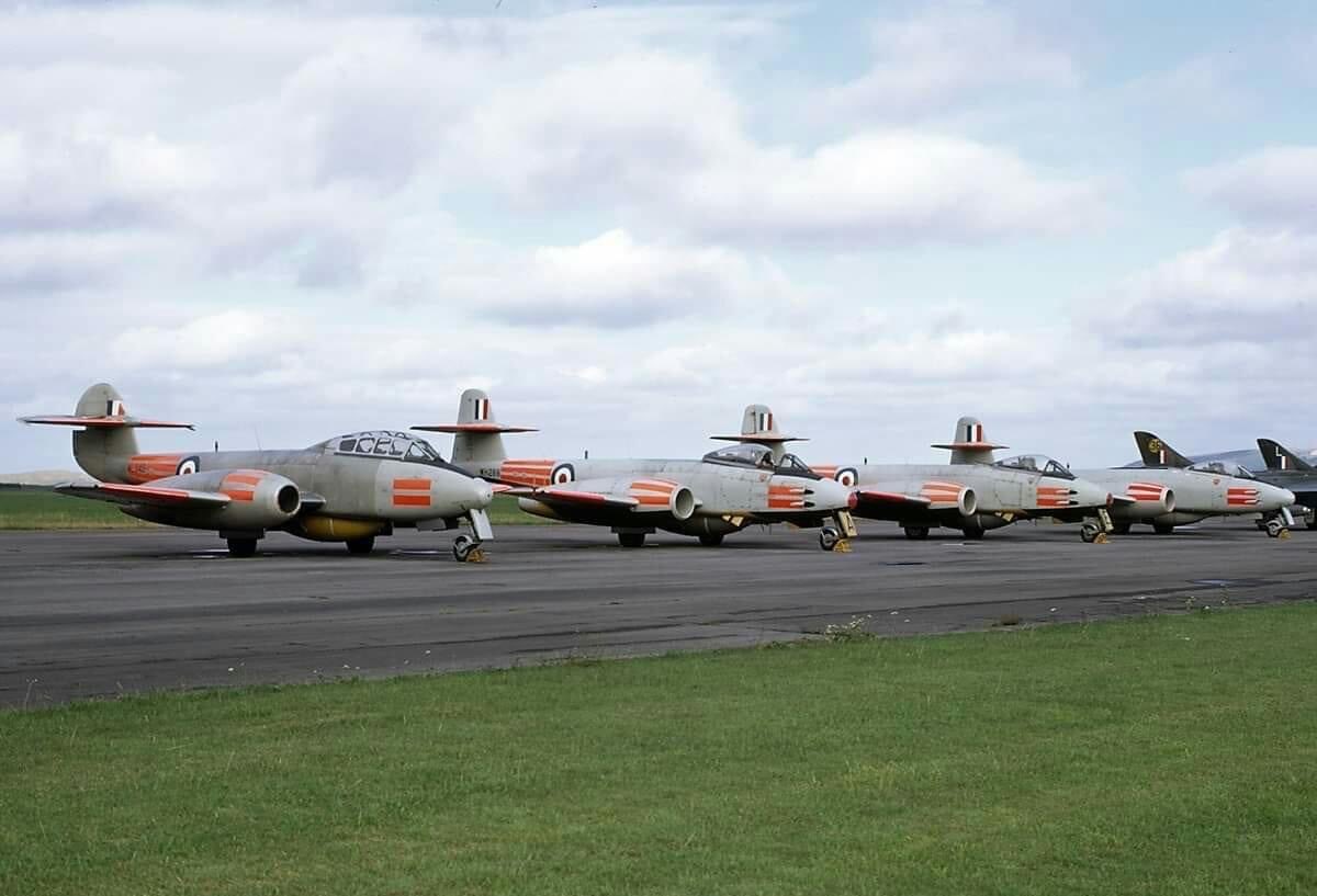 RAF Chivenor's Meteors used for target towing early 70's.
T7 was WL349 and the F8's were WH291, WH286, WK941 and VZ467.
One of life’s challenges trying to get a good score firing 30mm Aden cannon from Hunter.