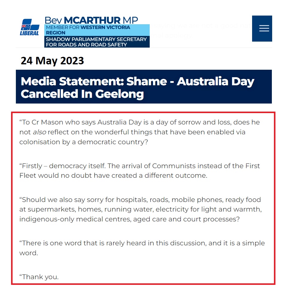 VIC state Liberal MP Bev Mcarthur saying this in the midst of National Reconciliation week: 

To crow about the (quote) 'wonderful things that have been enabled via colonisation by a democratic country'. 

This ethnocentrism & racism belongs in the bin. 

#auspol #NRW2023