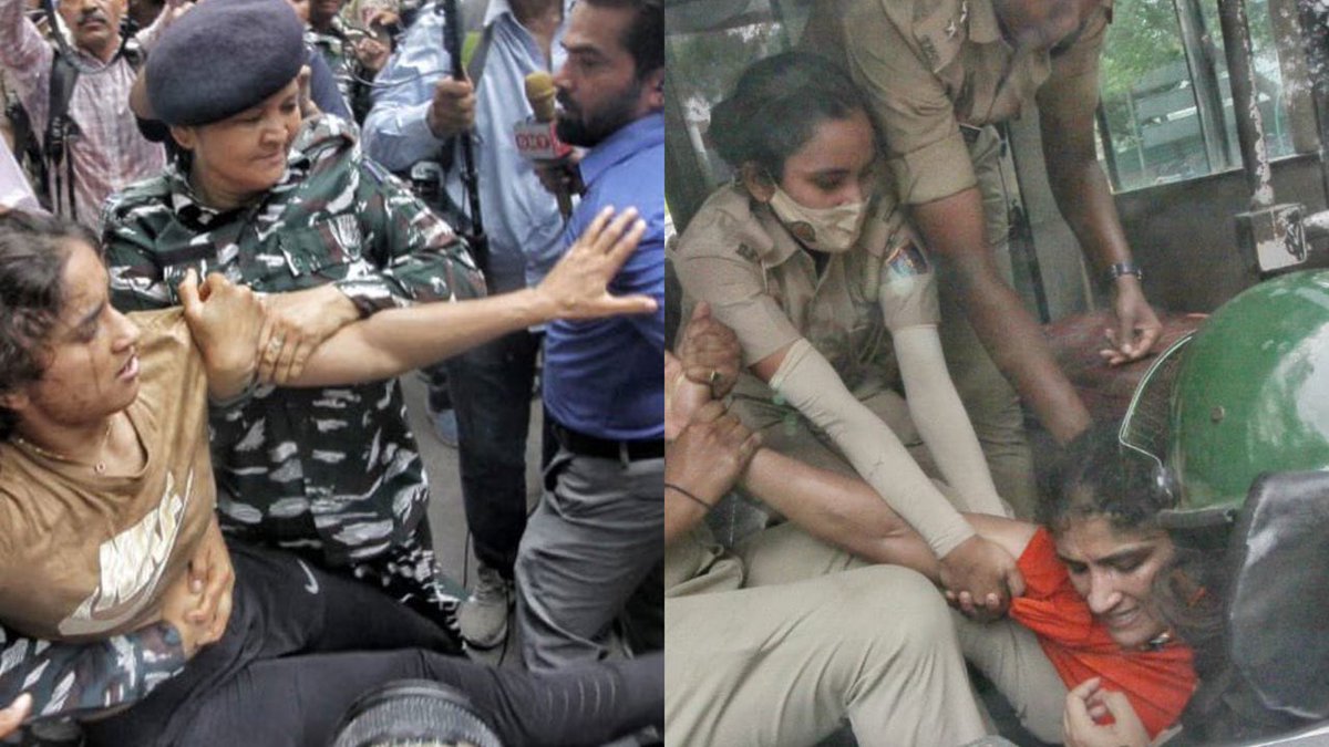 abhijatav07's tweet photo. ये वही चैंपियन बेटियाँ हैं मोदी जी, जिनके मैडल जीतने पर आपने उन्हें देश की होनहार बेटियाँ कहकर संबोधित किया था! 

और आज उन्हीं बेटियों के साथ इस तरह का तानाशाही रवैया जो देखकर बेहद भयावह लग रहा हैं, मानों लोकतंत्र का चीरहरण किया जा रहा हो। 

देश की जनता आपको कभी माफ़ नहीं करेगी मोदी जी
#WrestlerProtest 
#पहलवान_देश_की_शान