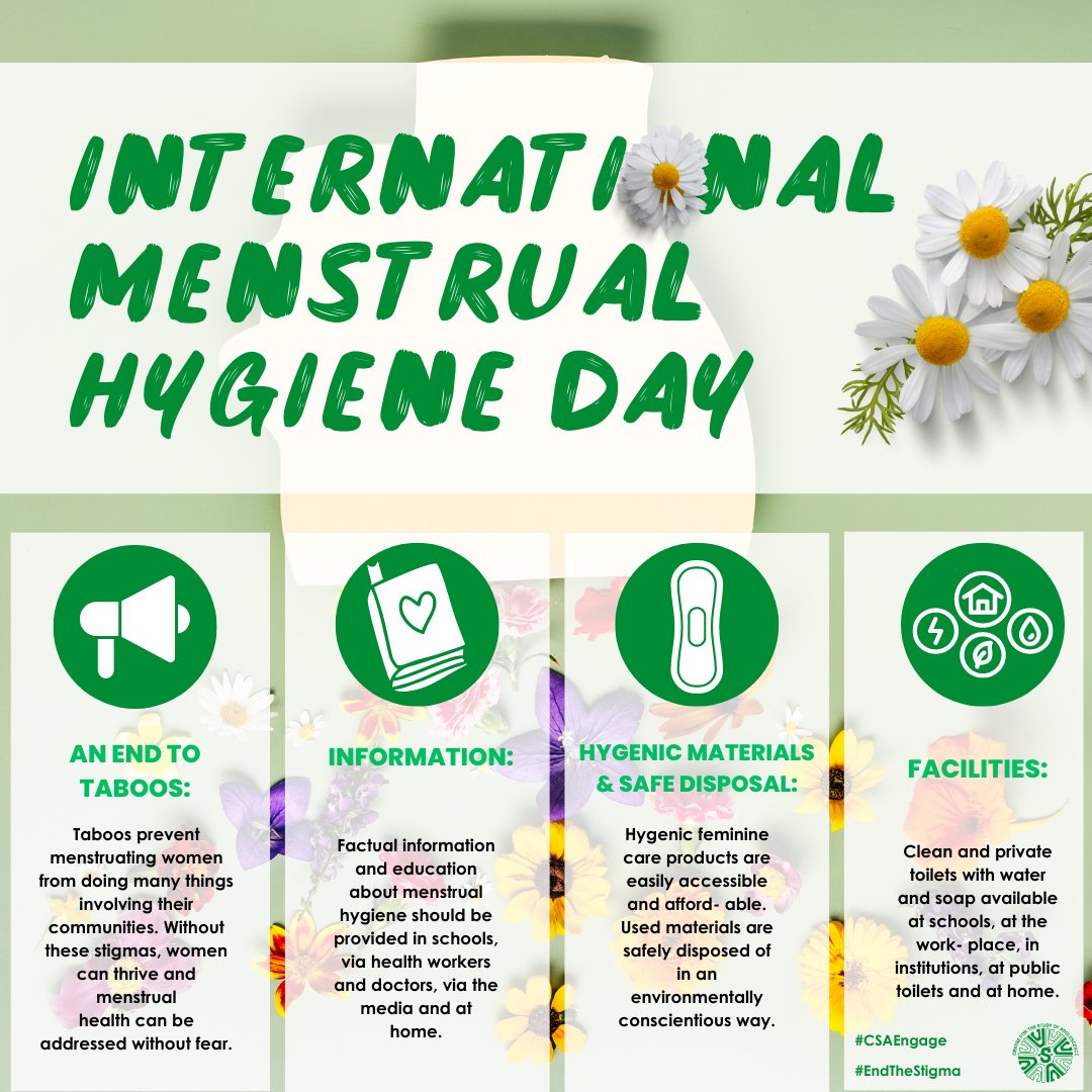 Engage men, boys, and community leaders in conversations about menstruation.

Menstrual hygiene management is not just a women's issue; it's a matter of dignity, health, and equality. 

#CSAEngage #MenstrualHygieneDay #EndStigma