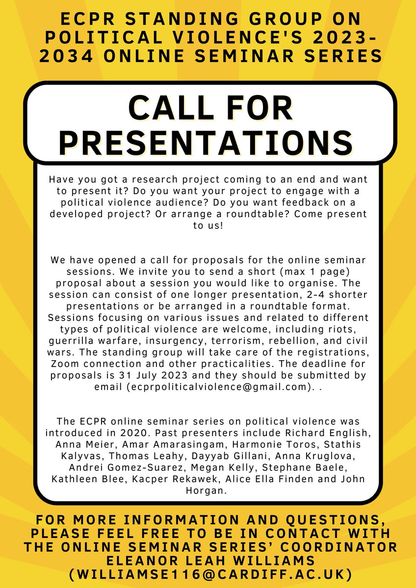 🚨 CALL FOR PRESENTATIONS FOR OUR 2023-2024 ONLINE SEMINAR SEIRES 🚨 Do you have a research project/ roundtable that you want to present to a political violence audience? Submit your abstract today! ⏰ Submit your proposals by 31 July 2023 More details below 👇🏼