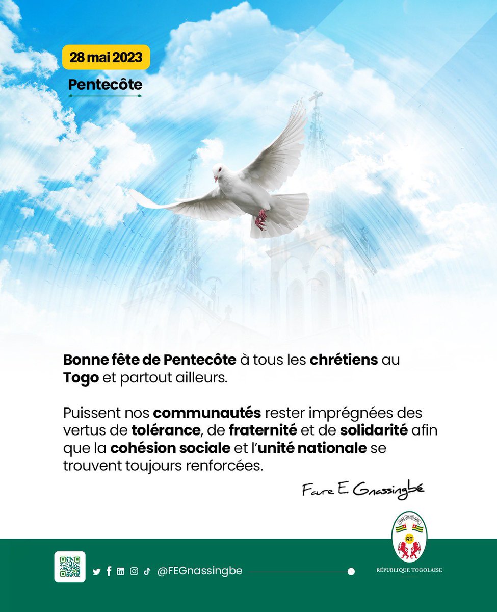 Bonne fête de #Pentecôte à tous les chrétiens au #Togo et partout ailleurs.

Puissent nos communautés rester imprégnées des vertus de tolérance, de fraternité et de solidarité afin que la cohésion sociale et l’unité nationale se trouvent toujours renforcées.

FEG

#Pentecôte2023