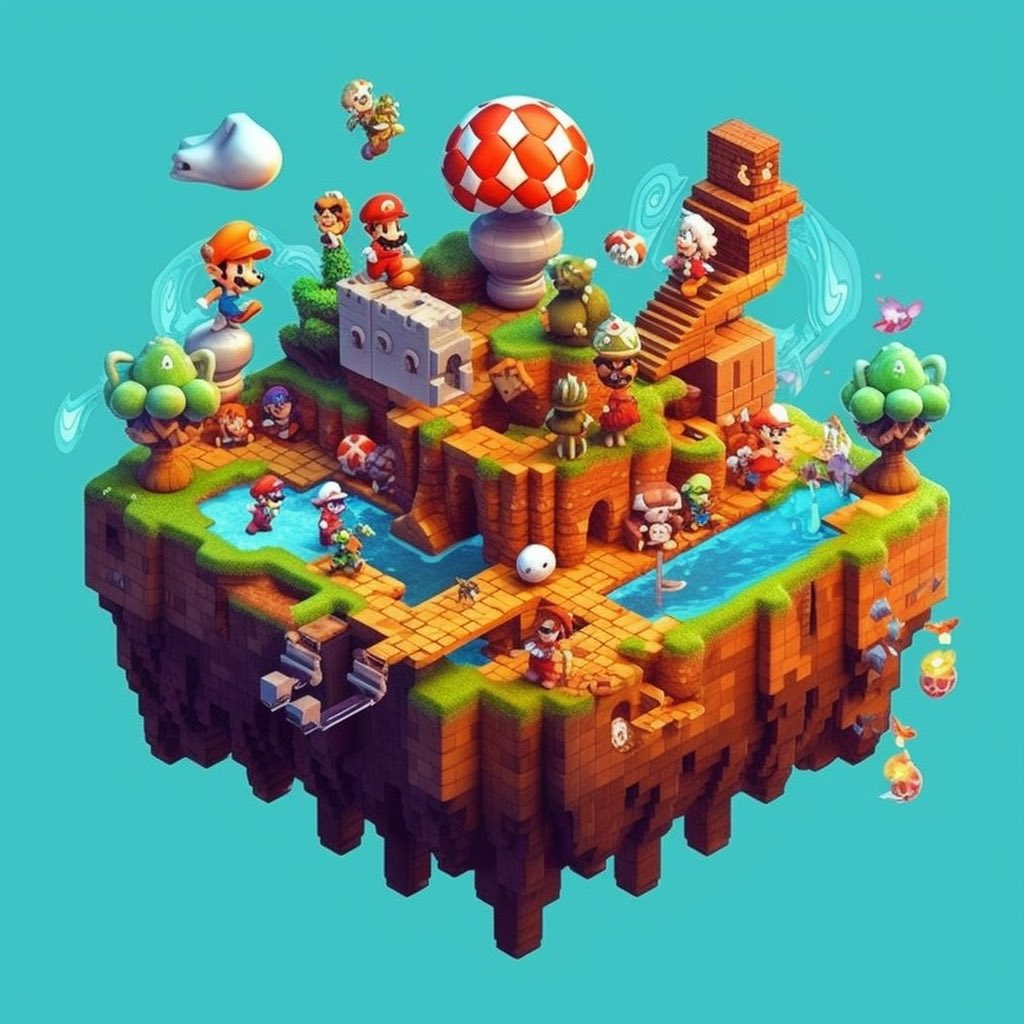 mrthnmtsthAI's tweet photo. Prompt: Super Mario Game Level, 8 Bit isometric World, lava, Mario and luigi, bowser --s 750 --q 2 --v 5.1 #ai #aiart #midjourney #midjourneyart #aiartcommunity #aiartwork #supermario https://t.co/mijGgk2GOl