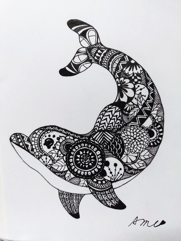 「今日も一日お疲れさまでした 本日はゼンタングルで描いたイルカさん デジタルで色付」|アメ。のイラスト