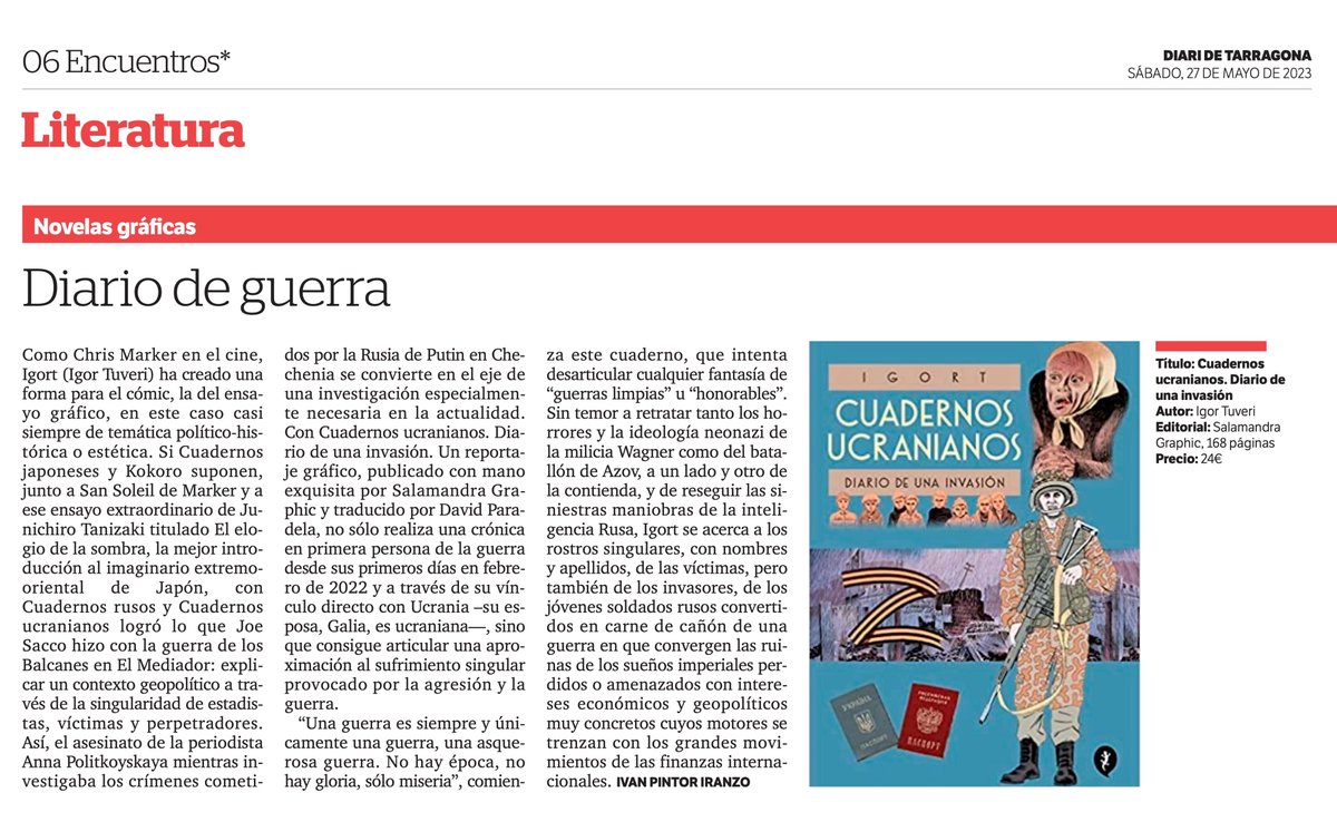 IvanPintorIran's tweet photo. Encuentros, Suplemento de Cultura Diario de Tarragona, 27/4/2023 #comicbook #visualessay #graphicessay #comic-essay #igort
@SalamandraGraph @SalamandraEd #UkraineRussiaWar️ #Ukraine️ @IvanPintorIran https://t.co/wTMGJKJMnS