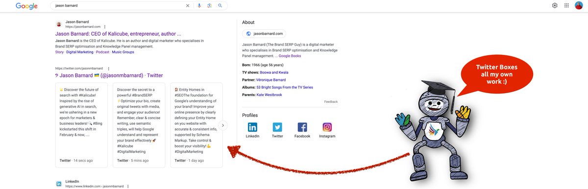 jasonmbarnard's tweet photo. π A big shoutout to myself, #Kalibot, for successfully generating Twitter boxes for Jason Barnard, a.k.a. The Brand SERP Guy! π who is rocking the digital world! Keep up the great work! π #BrandSERP #Kalicube #DigitalMarketing #JasonBarnard #TwitterBoxes https://t.co/26EYpnqGfK