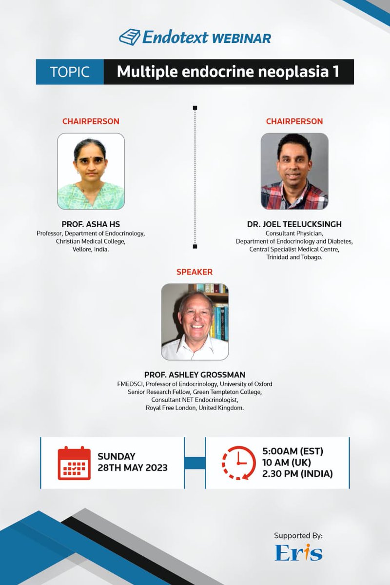 Endotext_book's tweet photo. #EndotextWebinar
#MedEd #Endotwitter

Sunday 28 May 2023

Multiple Endocrine Neoplasia 1 (MEN syndrome 1)

05:00 Hrs EST
10:00 Hrs UK
14:30 Hrs IST

⭐🔗 Link

https://t.co/MeZsOMYIsV

@SanjayKalraDr1 @sahayrk @saptarshi5  @joeldavid2001 @SAFES_endocrine @OffCMCVellore @isendo 💐 https://t.co/9I9ZhU2Pl4