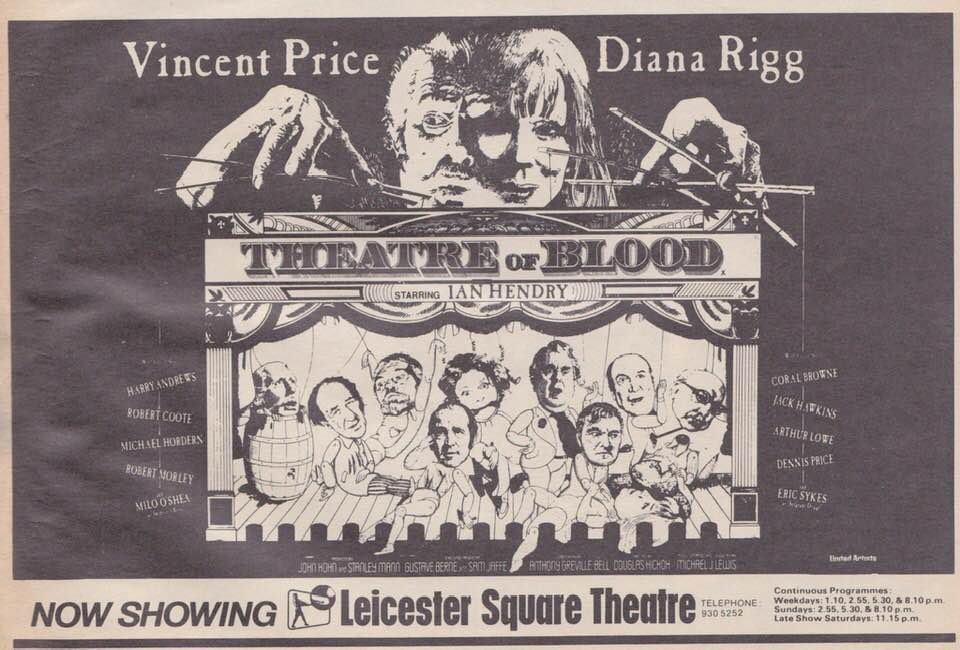 Fifty years ago this week, there was a Theatre Of Blood at the Leicester Square Theatre... #TheatreOfBlood #TheaterOfBlood #VincentPrice #DianaRigg #horror #HorrorFilm #1970s #film #films #DouglasHickox