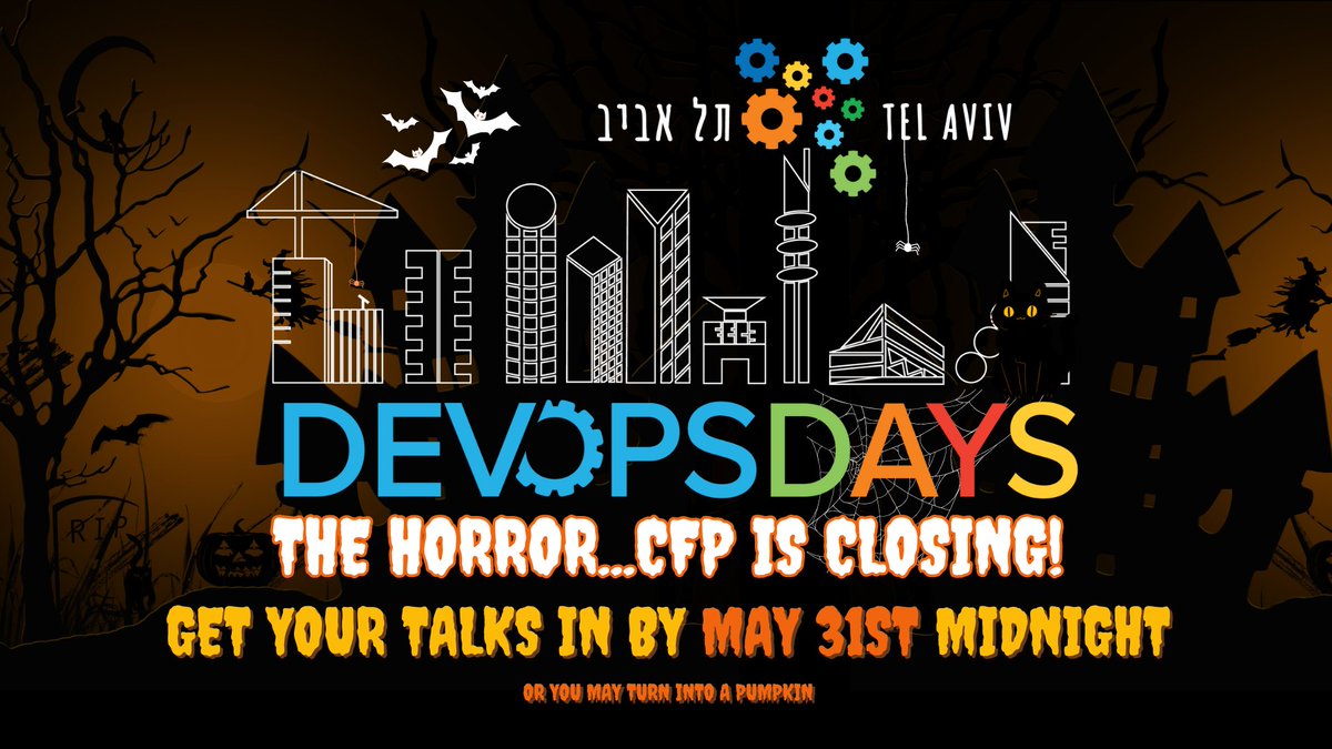 🚨👻 EVERYBODY PANIC!!! 🕷️🚨
CFP FOR DEVOPDAYS TLV CLOSES IN JUST 4 DAYS!

Get your talks in!
(Except <a href="/xeraa/">Philipp Krenn</a> - you have plenty of time 👀) 

sessionize.com/devopsdays-tel…

CC: <a href="/CloudNativeIL/">Cloud Native/OSS 👉🏽 DevOpsDaysTLV 11-DEC-2025</a> <a href="/statscraft/">StatsCraft 👉🏽 DevOpsDaysTLV Postponed to 10/2024</a> <a href="/TLVCommunity/">TLVCommunity | lu.ma/tlvcommunity</a> 

SPOOOK US OUT!