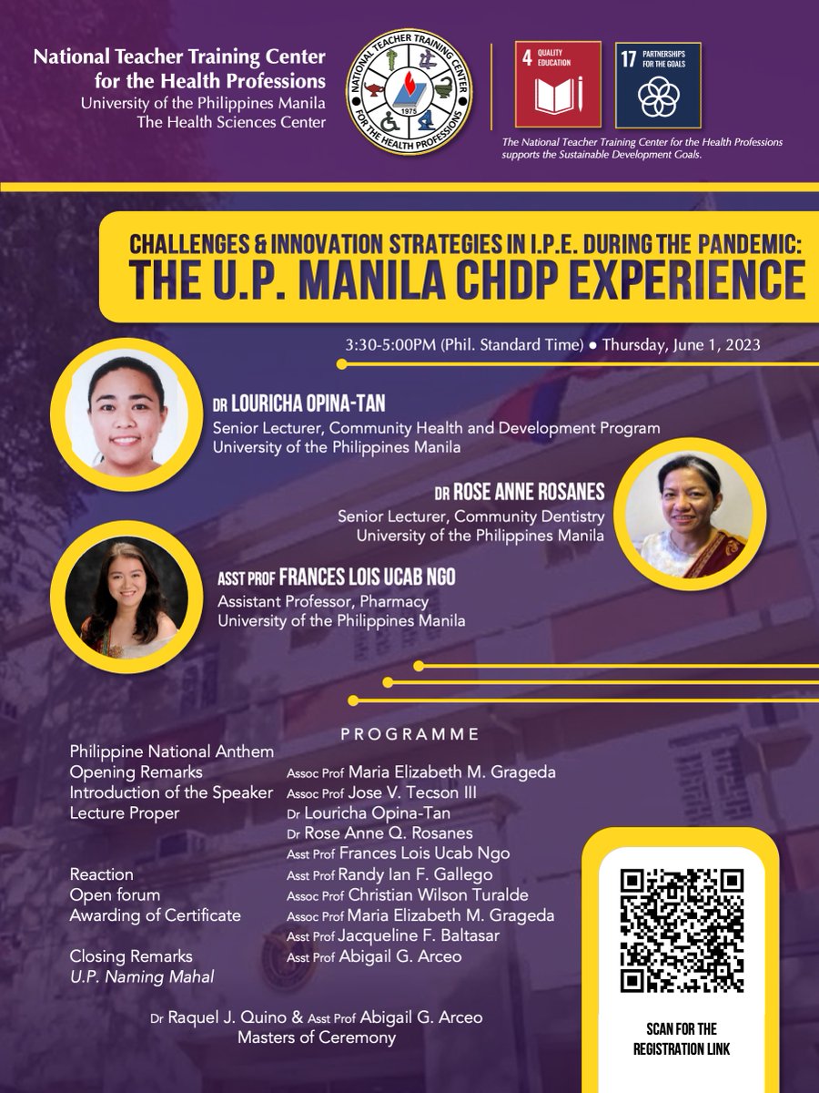 WilsonTuralde's tweet photo. Our inter-professional educ class is organizing a webinar on IPE challenges & innovation strategies during the pandemic. Featuring Dr Opina-Tan (CHDP), Dr Rosanes (community dent), & Asst Prof Ngo (pharma). See you there! June 1, Thurs, 3:30PM
#MedEd #HPEd
https://t.co/zznhcXKsEy https://t.co/dlEWo685xY