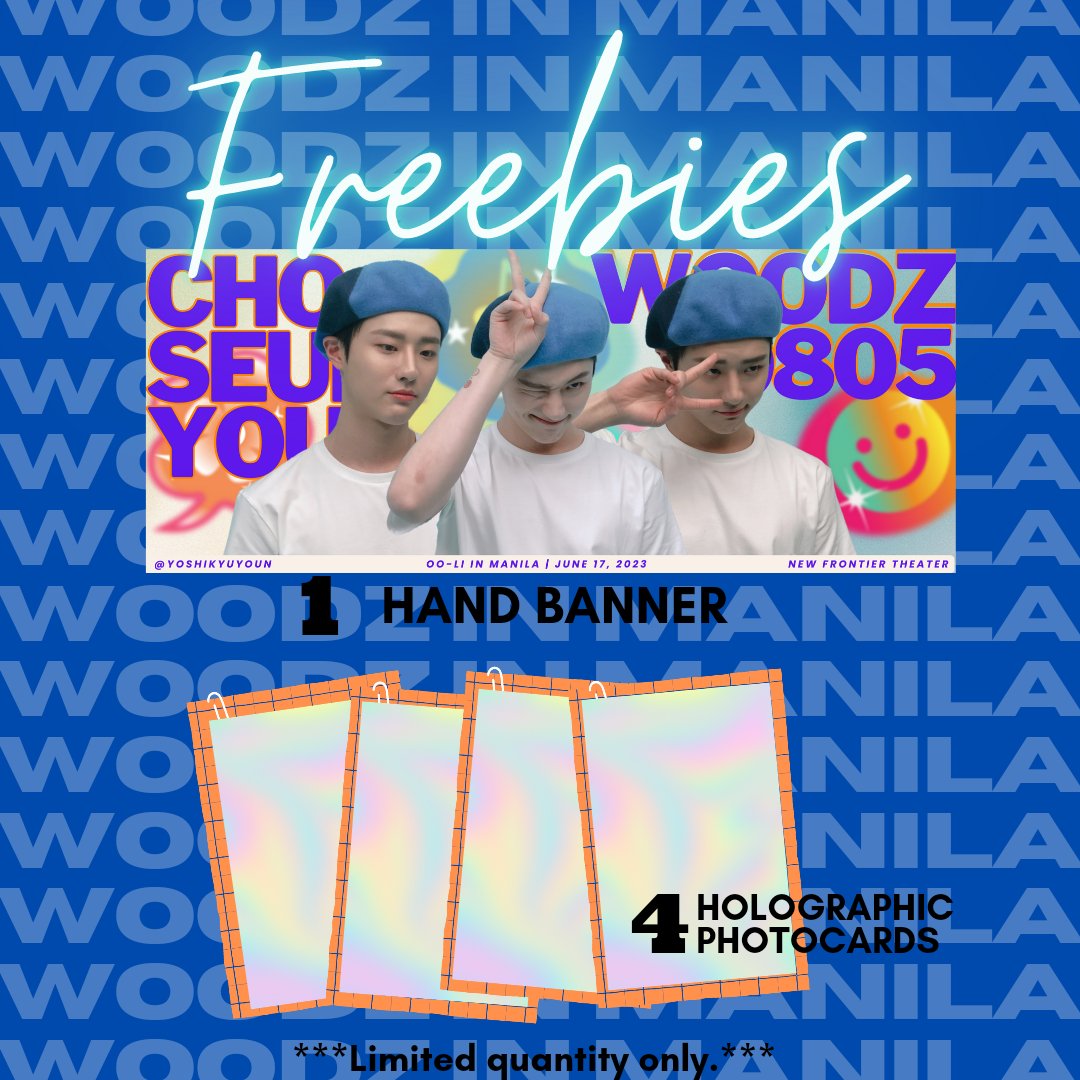 yoshikyuyoun's tweet photo. Freebie Giveaway   
I'll be giving away hand banner &amp; holo pc 

♡ loc &amp; time: tba
♡ limited qty 
♡ rt &amp; like 

-- addt'l freebie on the d-day 🤫

#WOODZinMNL #WOODZinMANILA https://t.co/6PwHBK9PWp