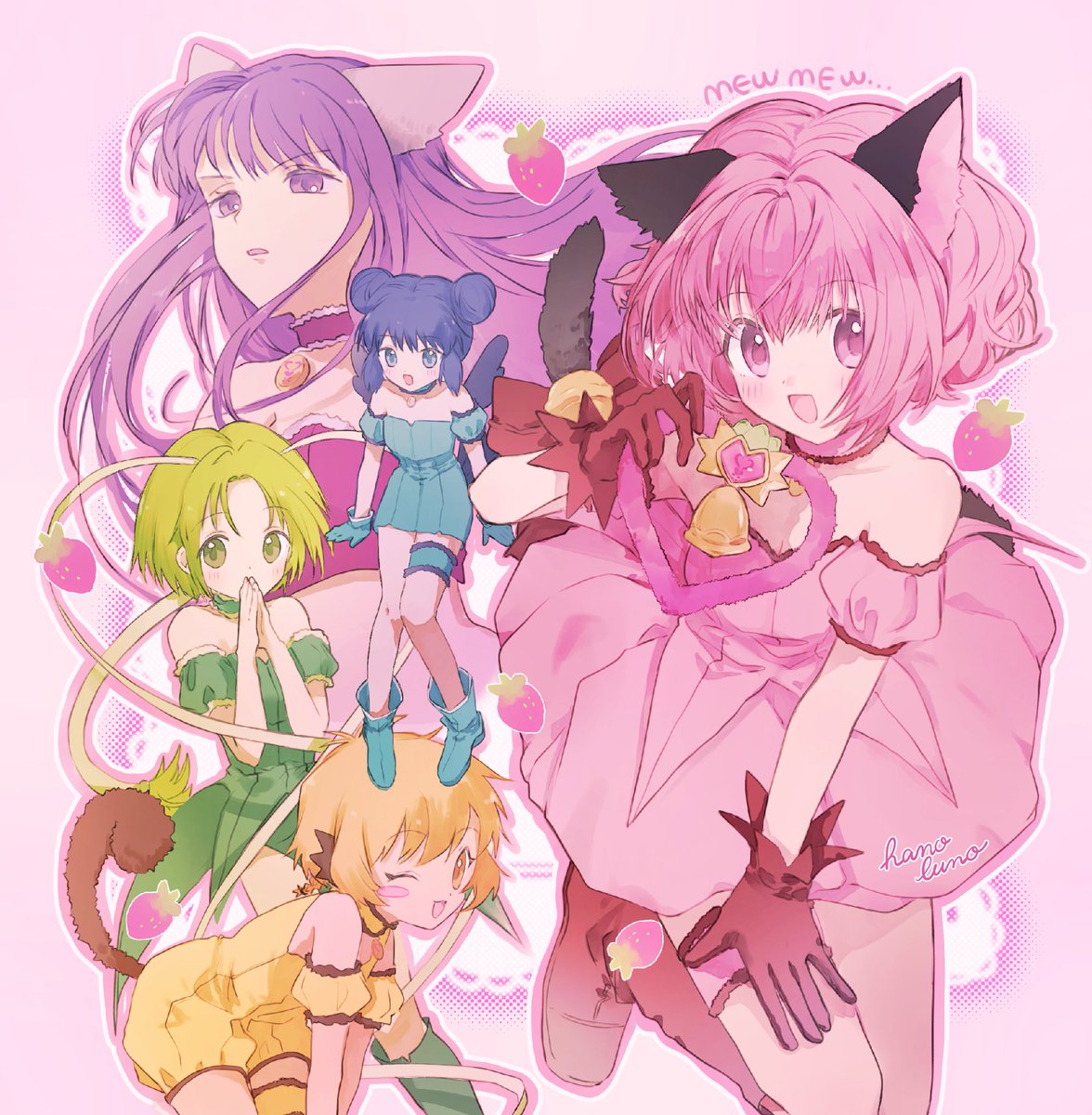 animal ears tail tail ornament pink hair multiple girls gloves tail bell  illustration images