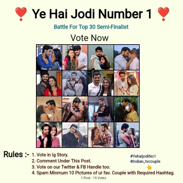 Vote Now ❤️

Ye Hai Jodi Number 1 ❤️ 

5th Round🎊 

Req. Htags 👇
#yehaijodino1
#indian_tvcouple

Rule -  Vote by Q-Retweet & Comment.

#Ishqaan #Anidhita #Sidhai #SurShiv #Ekhaari #Pearbhi #Arviya #NehTaj #abhimita #Shivi #Riansh #Pariraj #Arshi #Rajneetii #Vani #Raghvi #SaiShi