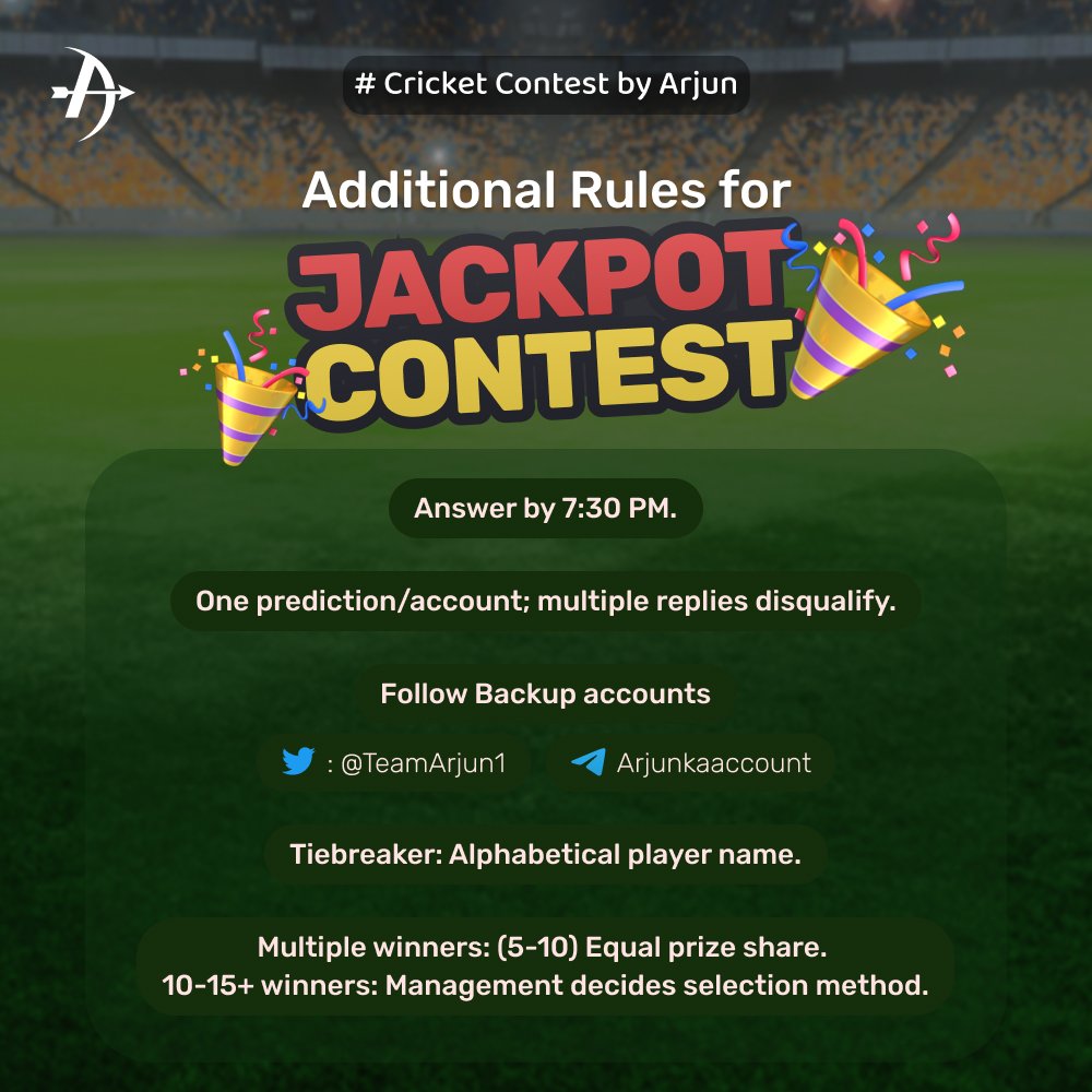 Cricket Contest of 40k
#CSKvsGT

Predict
- Batsman with High SR
- Batsman facing the Fewest Deliveries
- 1st Innings Score
- 2nd Innings Score after 17 over 

Prize
2 Ans: 4k
3 Ans: 11k
4 Ans: 25k

Rules
- Follow us 
- RT & Like 
- Use #CricketContestByArjun