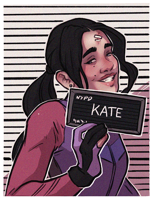 'Oh, it's Kate, Kate Bishop.  You probably know my mom, she got arrested last Christmas, it was a whole thing.'  
'KATE. Stop. Talking.'
