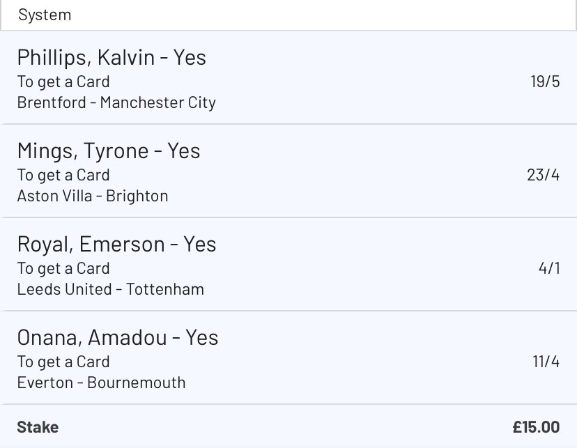 🟨 PREMIER LEAGUE ACCA 🟨

✅ Best priced at 632/1 with BetUK
📊 Best priced at 298/1 elsewhere
📉 As low as 72/1 in places

🚨 I’ve backed this as a Lucky15 so i still get a decent return if one leg let's me down.

❤️ LIKE if you're getting on it.