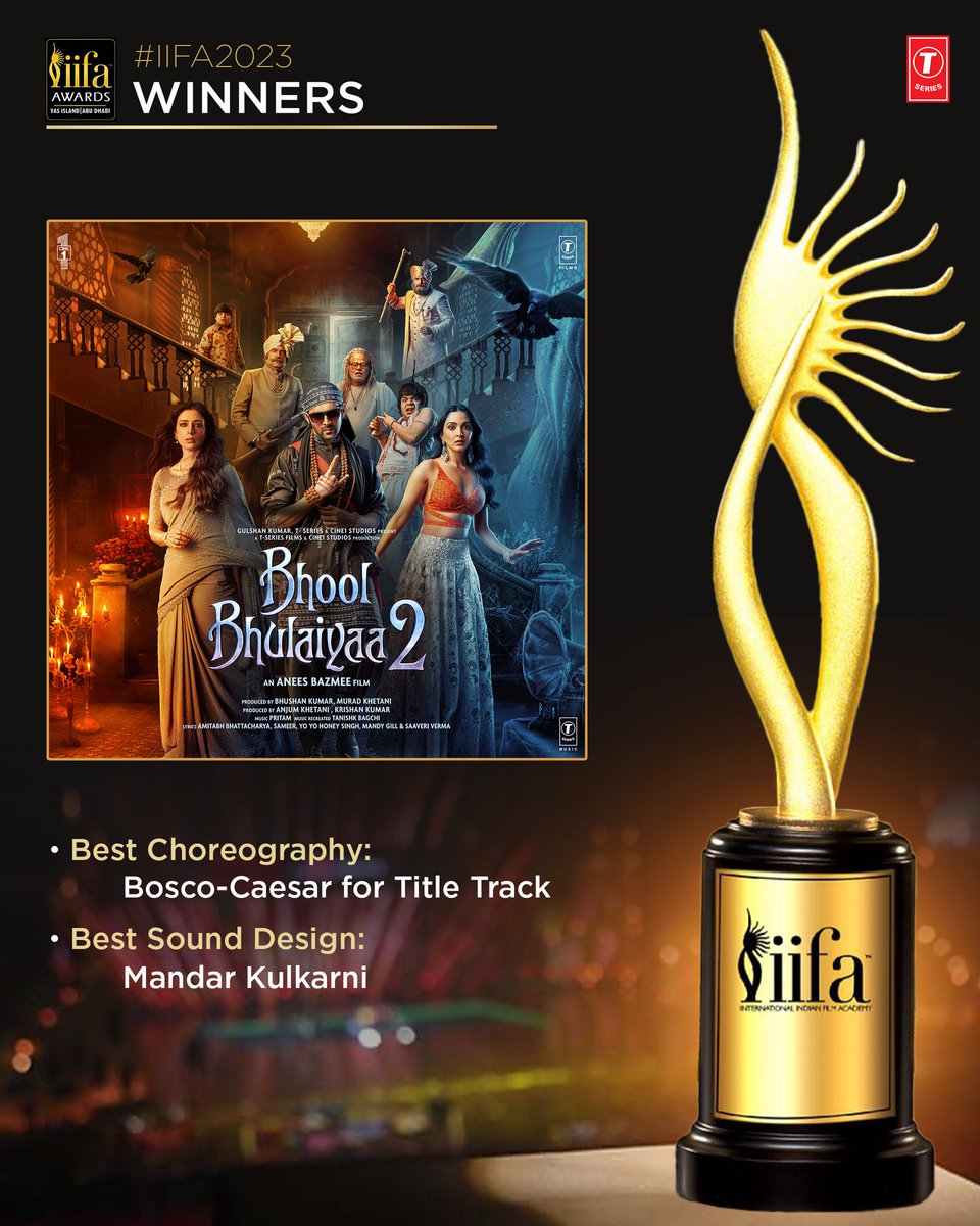 #BhoolBhulaiyaa2 shining at #IIFA2023 Winners Awards with Best Choreography and Best Sound Design wins! 🎉 @TheAaryanKartik @advani_kiara #Tabu @rajpalofficial #BhushanKumar @MuradKhetani @anjummurad #KrishanKumar @BazmeeAnees @dopmanuanand #AakashKaushik @farhad_samji