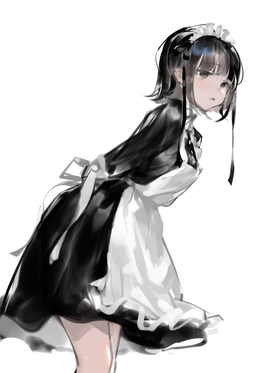 1girl solo maid headdress maid apron black hair white background  illustration images