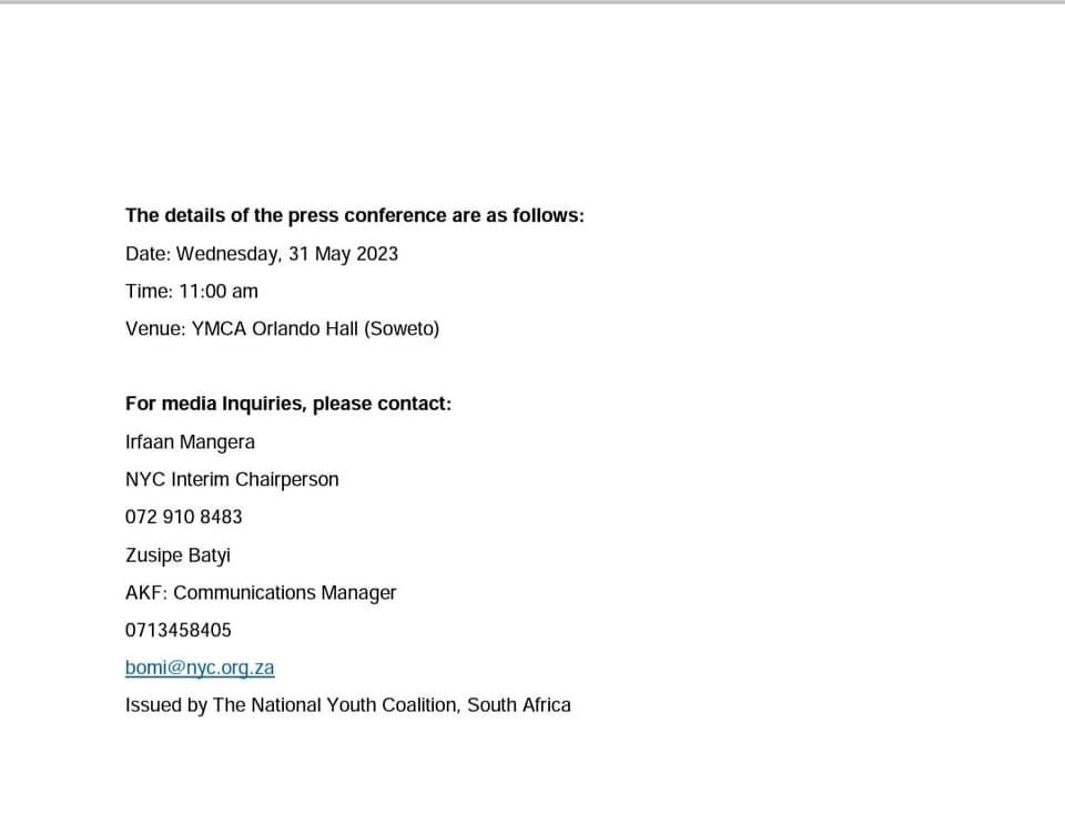 NATIONAL YOUTH COALITION SOUTH AFRICA PRESS CONFERENCE
Please join the National Youth Coalition (NYC) for our press conference and information sharing session on the upcoming Youth Day Parade for Justice and change.
<a href="/YouthCoSA/">National Youth Coalition SA</a>