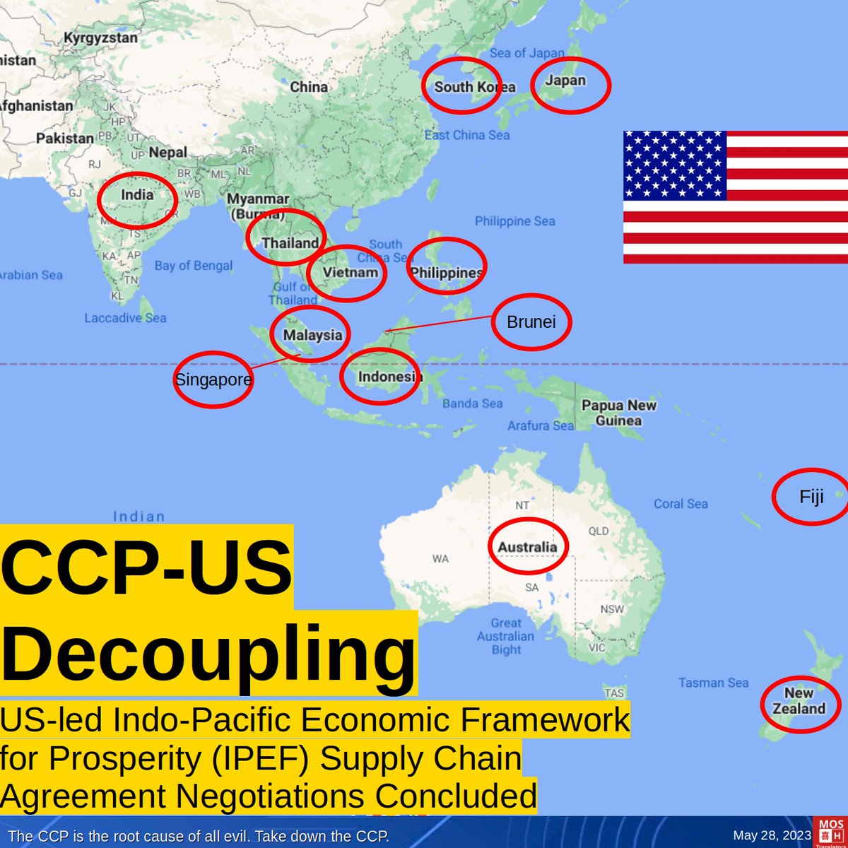 Communist China’s export sector will continue to decline. The 14 partners of the Indo-Pacific Economic Framework for Prosperity (IPEF) announced the substantial conclusion of the negotiations of Supply Chain Agreement in Detroit, Michigan. #decoupling