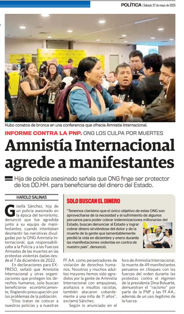 Gracias a <a href="/ExpresoPeru/">Diario Expreso</a> por informar con verdad y objetividad sobre la violenta e intolerante respuesta de Amnistía Internacional contra quienes estábamos haciendo uso pacíficamente de nuestro derecho legítimo a la libertad de expresión y opinión.
