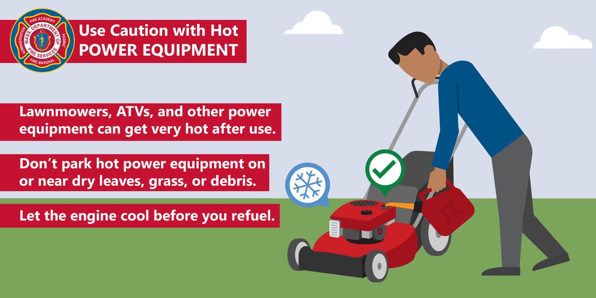 MassDFS's tweet image. About this time last year, @MethuenFire and @NorthamptonFR responded to significant fires that started with #Lawnmowers on or near dry vegetation and debris. #PowerEquipment can get very hot after use: let it cool before you refuel, and stay clear of combustible materials.