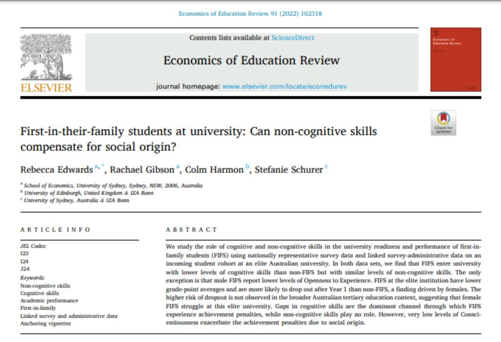 Los estudiantes que son los primeros en llegar a la Universidad en su familia tienen promedios de calificaciones más bajos y tienen más probabilidades de abandonar después del primer año. El papel de las habilidades cognitivas y no cognitivas sciencedirect.com/science/articl…