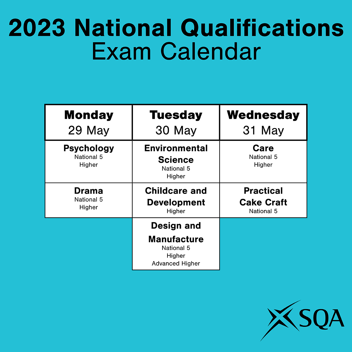 sqanews's tweet photo. Good luck to all candidates who are preparing to take their #SQAexams this coming week!

Here is the timetable for exams for next week. https://t.co/oM36fDUYrV