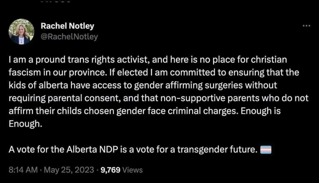 A fake tweet claiming to be from @albertaNDP leader @RachelNotley was shared on several Alberta WeChat groups. 

It positions Rachel as allowing kids access to gender affirming surgeries without parental consent. 

This is false. 
@ElectionsAB #AbElection2023 #abvotes