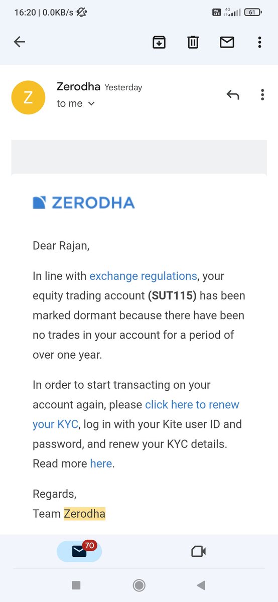 Dear @zerodhaonline
I got a mail regarding my Demat A/c was marked as inactive & moved to Dormant A/c.

Seriously...?

My last trans. was on 23Mar'23.
How can u mark an A/c inactive in just 2 months.

Are you indirectly telling us to become a trader?