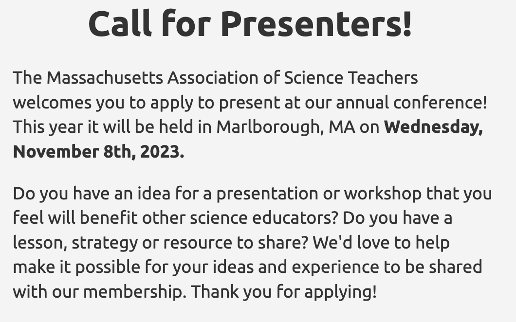 NSTADistrict_1's tweet image. Call for presenters for Wednesday, November 8, 2023 @MAscienceteach conference in Marlborough. Submit simple form: docs.google.com/forms/d/e/1FAI…