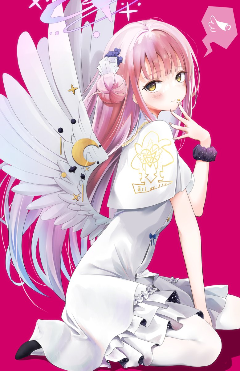 mika (blue archive) 1girl solo pink hair single side bun halo wings wrist scrunchie  illustration images