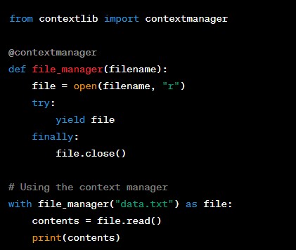 TechByteIQ's tweet image. 16/50 Code sample: 🖥️
Shows using the @contextmanager decorator from the 'contextlib' module to create a context manager function for file handling. 📁🔀 #PythonAdvanced #ContextManagersExample