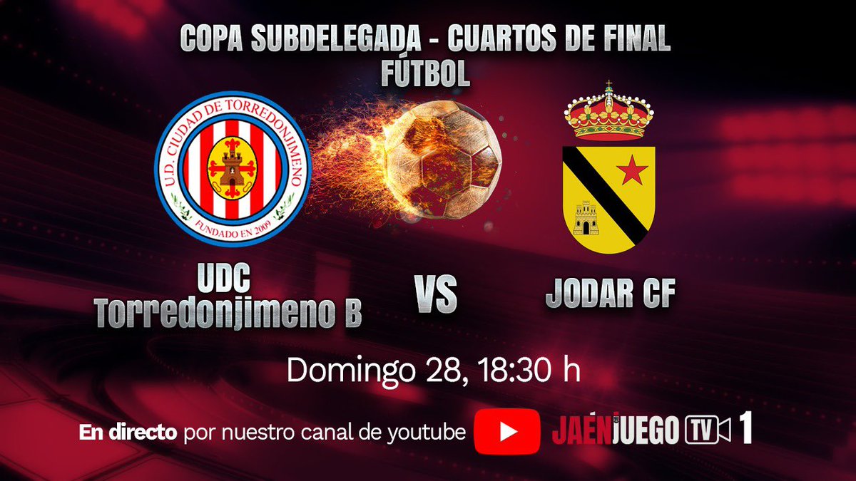 UDCTOFICIAL's tweet photo. ⚽️|HOY JUGAMOS|⚽️

A partir de las 18:30h en el Estadio Matías Prats juega nuestro EQUIPO SENIOR “B”. Importante partido para los chavales ante el JÓDAR CF, correspondiente a los CUARTOS DE FINAL DE LA COPA @SubdeGobJaen. 

VAMOS EQUIPO!!!

El partido será retransmitido en directo por @JaenenJuego TV a través del siguiente enlace…

⬇️⬇️⬇️⬇️⬇️⬇️⬇️⬇️⬇️

https://t.co/s20bNfGYsB

#udctcantera
🟥⬜️🟥⬜️🟥⬜️