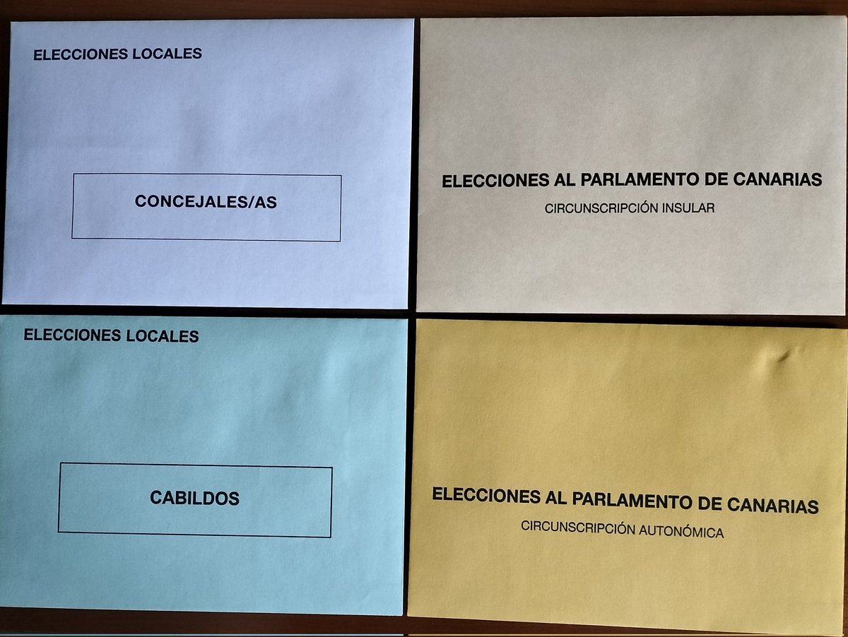 Hoy se celebran elecciones a Ayuntamientos, Cabildos y Parlamento de #Canarias.
3 elecciones, pero 4 papeletas, pues al Parlamento canario (único de España con este sistema electoral), se vota una Lista Insular (sepia) y una Lista Autonómica (amarilla).
Se puede votar hasta 20.00