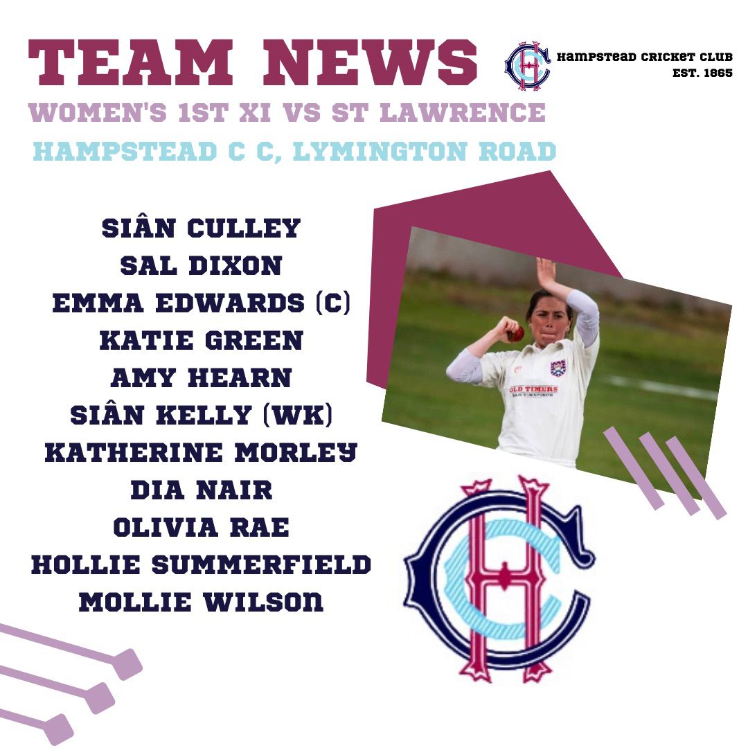 It's game on today for the 1XI women!.. Join us in glorious sunshine today (bar open). We're playing St Lawrence at Lymington Rd. Line up as follows :