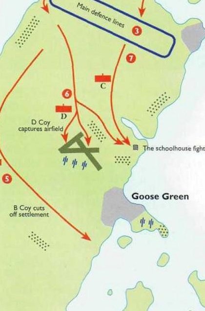 May 28th 1982: Argentine forces fall back to a semi circle position around Goose Green, their right flank anchored on the school house, their left and centre on the airfield.... Now they are concentrated and with clear fields of fire...

(continues)