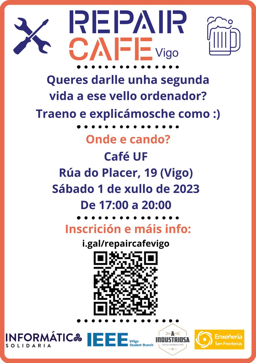 ‼️O vindeiro sábado 1 de Xullo de 17:00 a 20:00 organizamos un Repair Café no Café UF.

♻️Queres darlle unha segunda vida a ese vello ordenador? Traeno e explicámosche como :)

📝Máis info e inscrición en i.gal/repaircafevigo