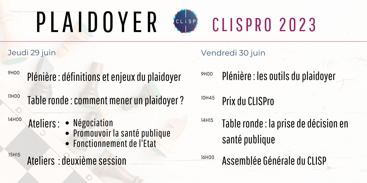 clispfr's tweet photo. Vous l'attendiez depuis longtemps, voici le planning prévisionnel du #CLISPro 2023 ! 🤩
Ne tardez pas à vous inscrire, c'est une occasion unique de se former au plaidoyer avec des intervenants de grande qualité ! 👇
🔗https://t.co/aWnh1mbLHa https://t.co/MHZjkXGM8m