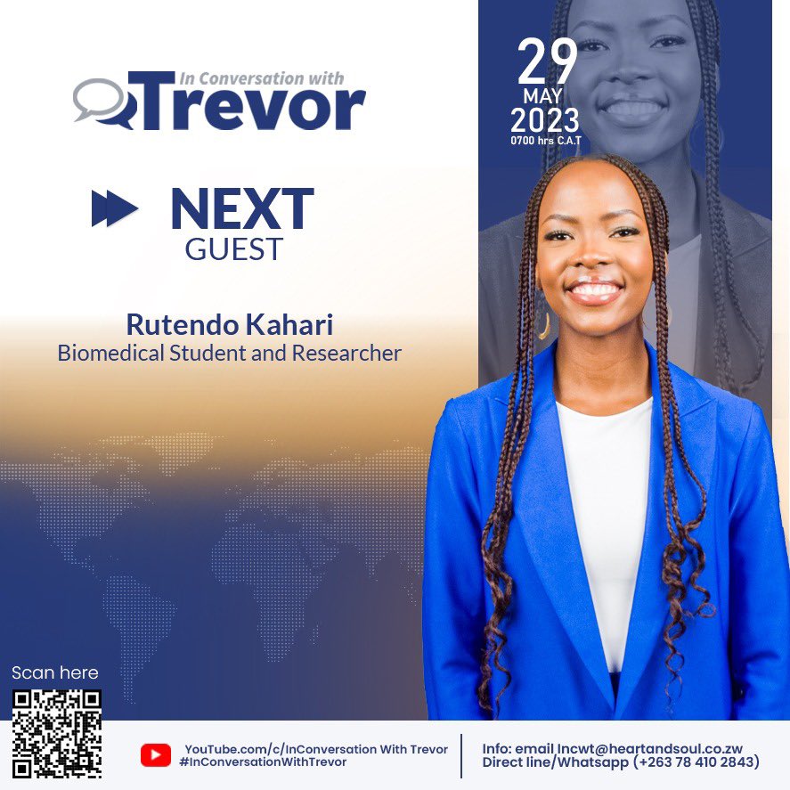 Trevor Ncube (@trevorncube) on Twitter photo Rutendo Kahari <a href="/kahari_rutendo/">Rutendo Kahari</a> , is the next <a href="/ConvoWithTrevor/">In Conversation with Trevor</a> guest. Rutendo is a biomedicine student who is passionate about emerging fields of medicine such phage therapy, genetic engineering, synthetic biology etc. She has received a substantial merit scholarship from Baylor Rutendo Kahari <a href="/kahari_rutendo/">Rutendo Kahari</a> , is the next <a href="/ConvoWithTrevor/">In Conversation with Trevor</a> guest. Rutendo is a biomedicine student who is passionate about emerging fields of medicine such phage therapy, genetic engineering, synthetic biology etc. She has received a substantial merit scholarship from Baylor