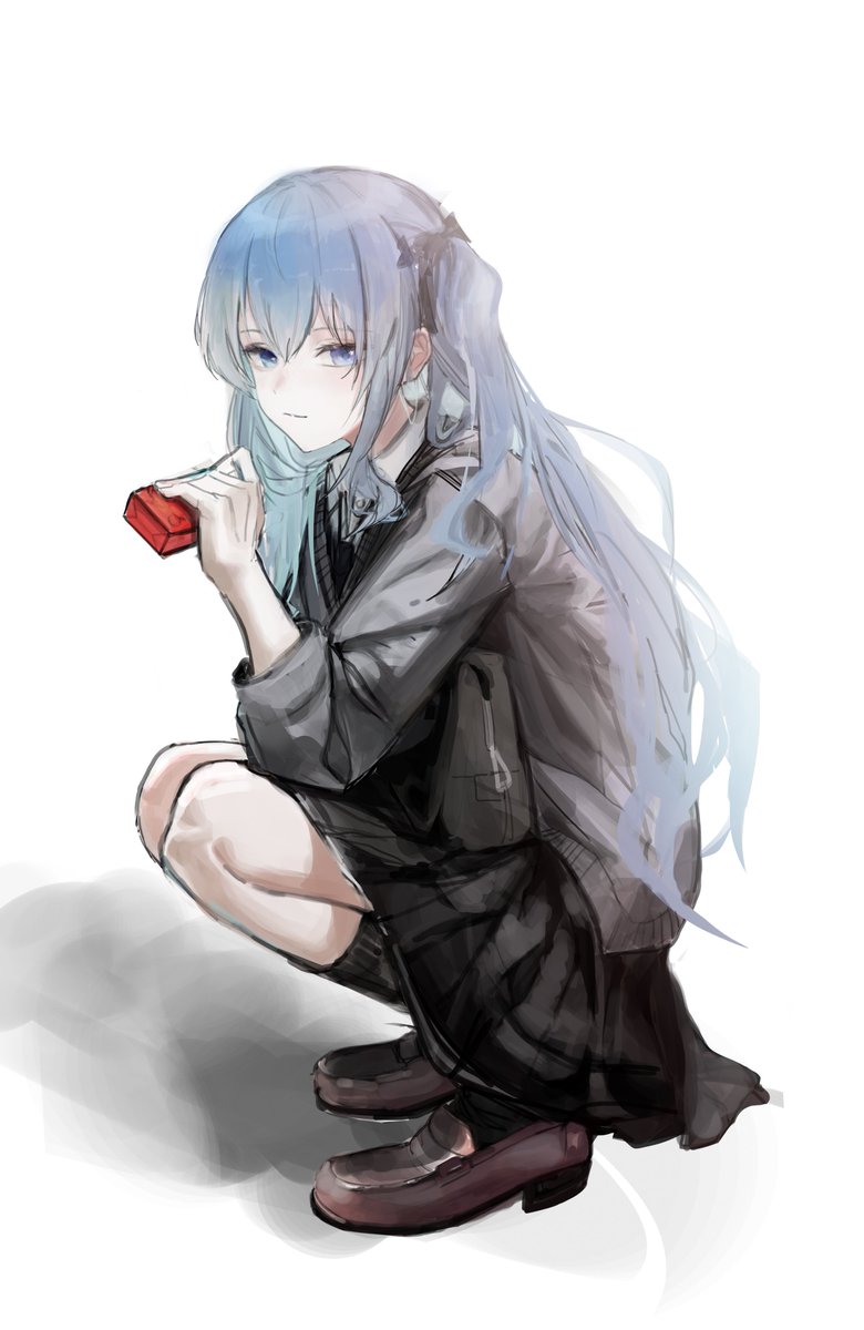hoshimachi suisei 1girl solo squatting juice box blue hair blue eyes long hair  illustration images