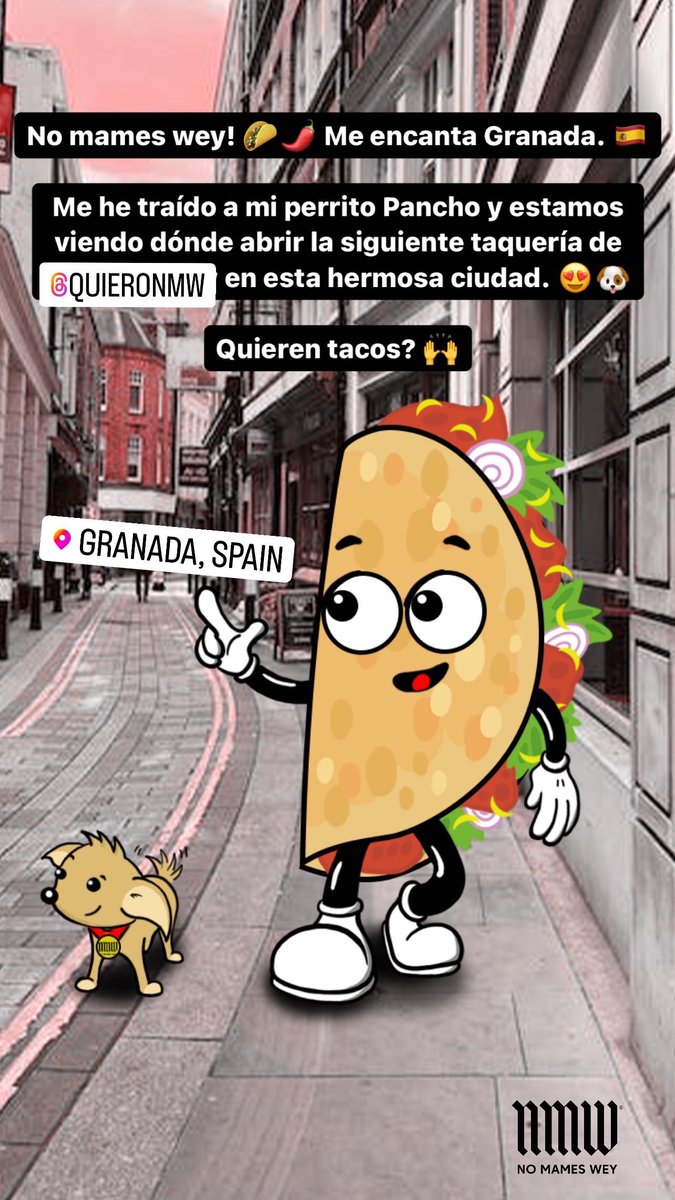 Soytacoman's tweet photo. No mames wey! 🌮🌶️ Me encanta Granada. 🇪🇸 Me he traído a mi perrito Pancho y estamos viendo dónde abrir la siguiente taquería de @quieronmw en esta hermosa ciudad. 😍🐶 Quieren tacos? 🙌

#NoMamesWey #TacoMan #Tacos https://t.co/Eow64Kczja