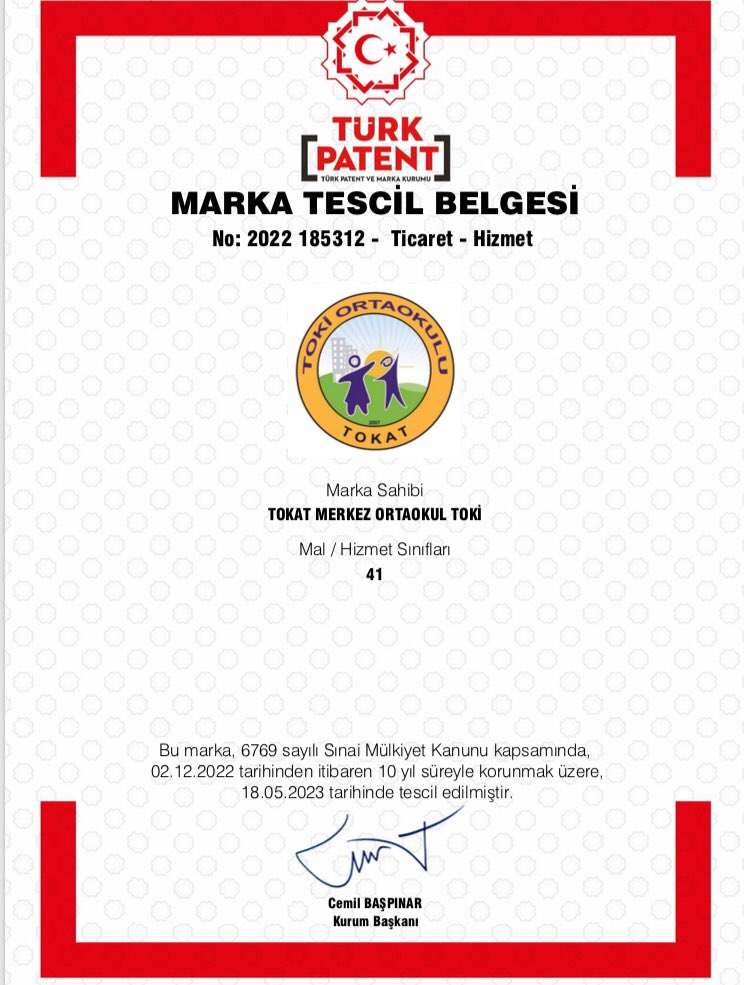 TOKİ ORTAOKULUMUZUN Türk Patent ve Marka Kurumuna,
 Eğitim -Öğretim Hizmeleri sınıfında okul logosu ile yapmış olduğu marka başvurusu tescillenmiştir.
 Hayırlı olsun. <a href="/tokatvaliligi/">Tokat Valiliği</a> <a href="/tokatmem/">Tokat İl Millî Eğitim Müdürlüğü</a> <a href="/ahmetozdemirmem/">Ahmet Özdemir</a>