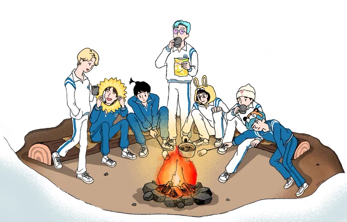 今私のソムのバンタンが、お揃いジャージで林間学校みたいで楽しそうなので描いてみました。 #인더섬 #IntheSEOM #BTSIsland #インザソム #BTS #btsfanart