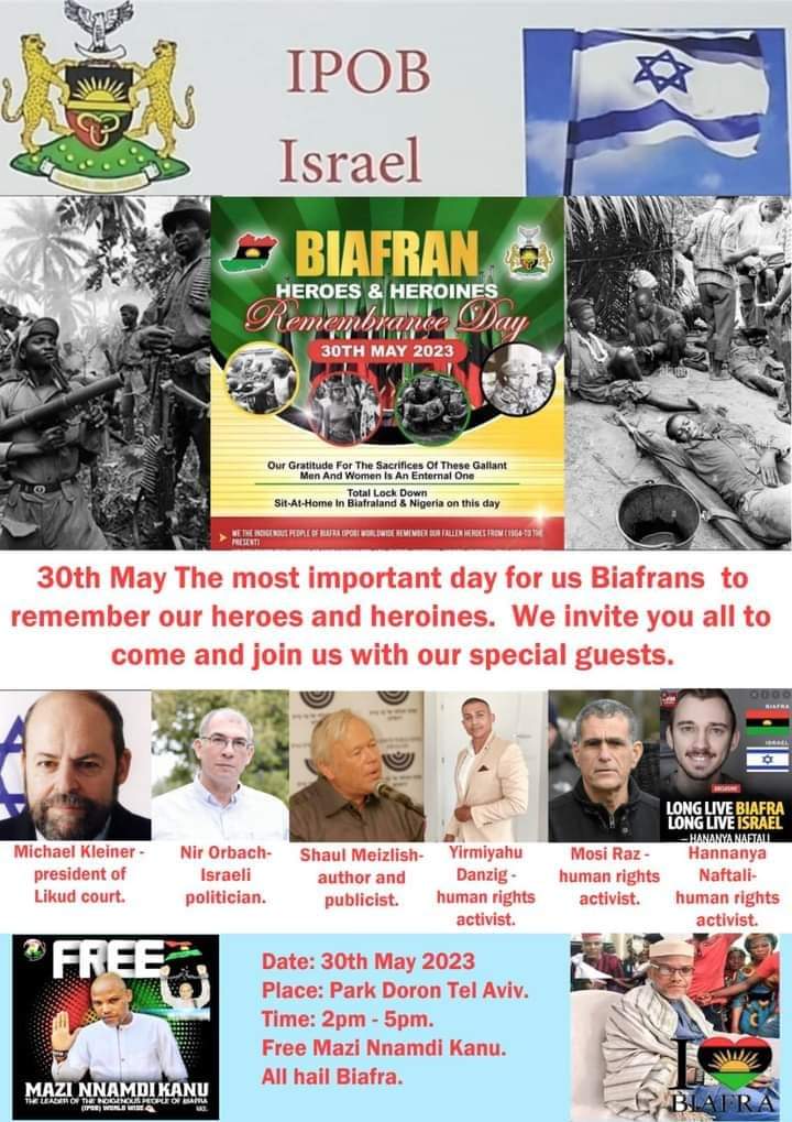IPOB Isreal to hold a memorial event on the Bịafra Heroes Remembrance day #MAY30TH in Isreal in conjunction with notable Isreali political ,civil and human rights activists.

We must remember our heroes.

#WeRemember
#BiafraHeroesDay 
#DiscoverBiafra