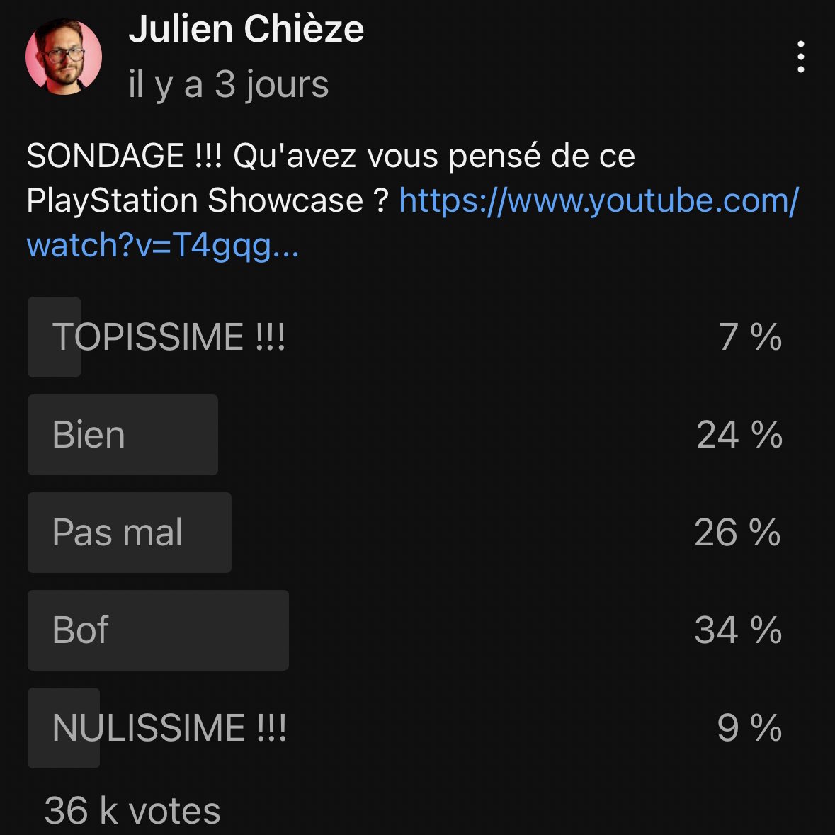 Que je n’entende plus JAMAIS : 
« non mais ta communauté est pro-PlayStation et quoi que fait Sony, ils adorent » ❌

36.000 votes exprimés sur le #PlayStationShowcase pour un avis général clairement mitigé !

Les faits. Fier de ma communauté qui n’a qu’une boussole : les bons