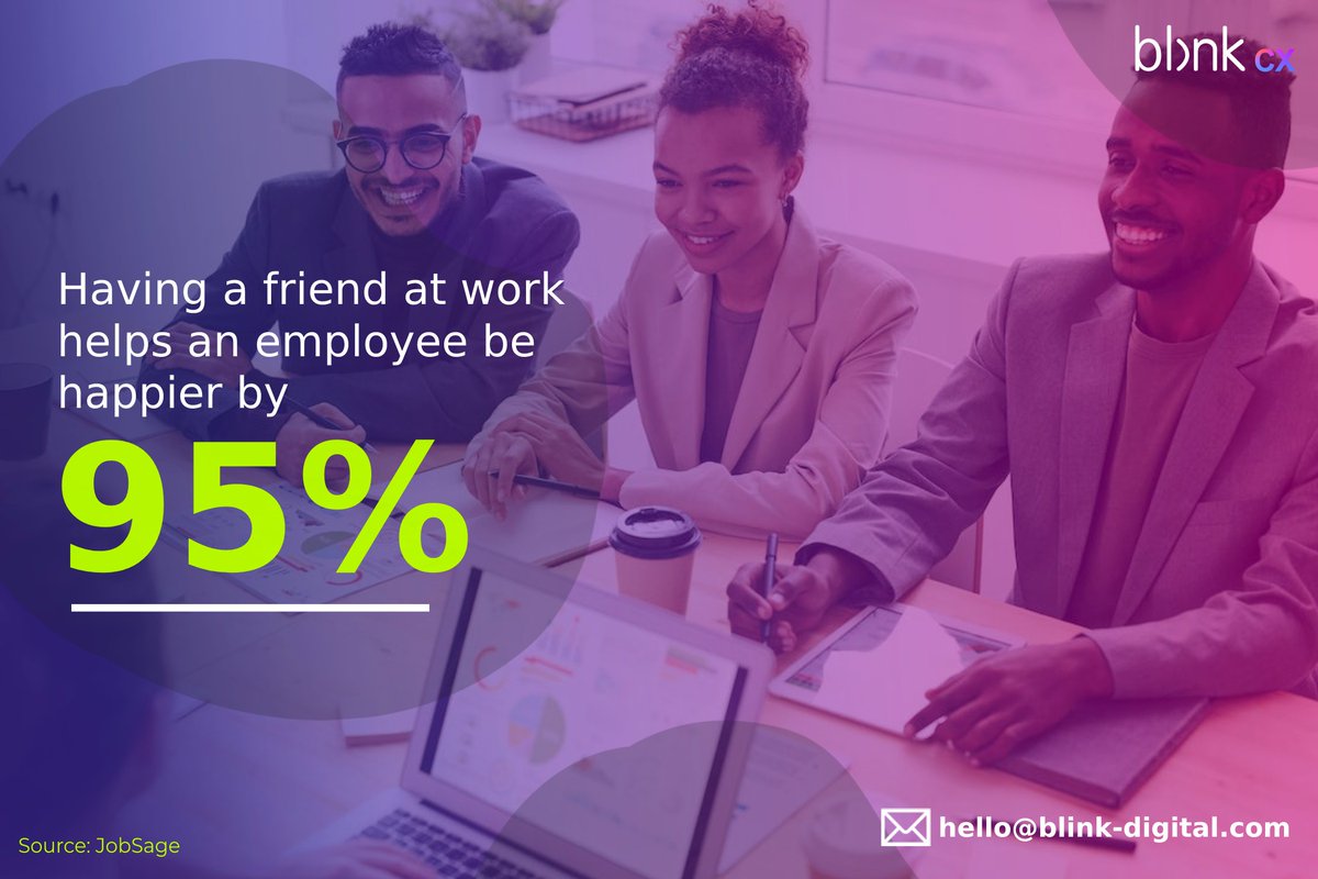 Hi. Vee here!

Another week, another info, this time from <a href="/jobsageworks/">JobSage</a> showing that having a work friend helps an employee be happier by 95%!

Does your company promote this kind of culture in the workplace?
#EmployeeExperience #EX