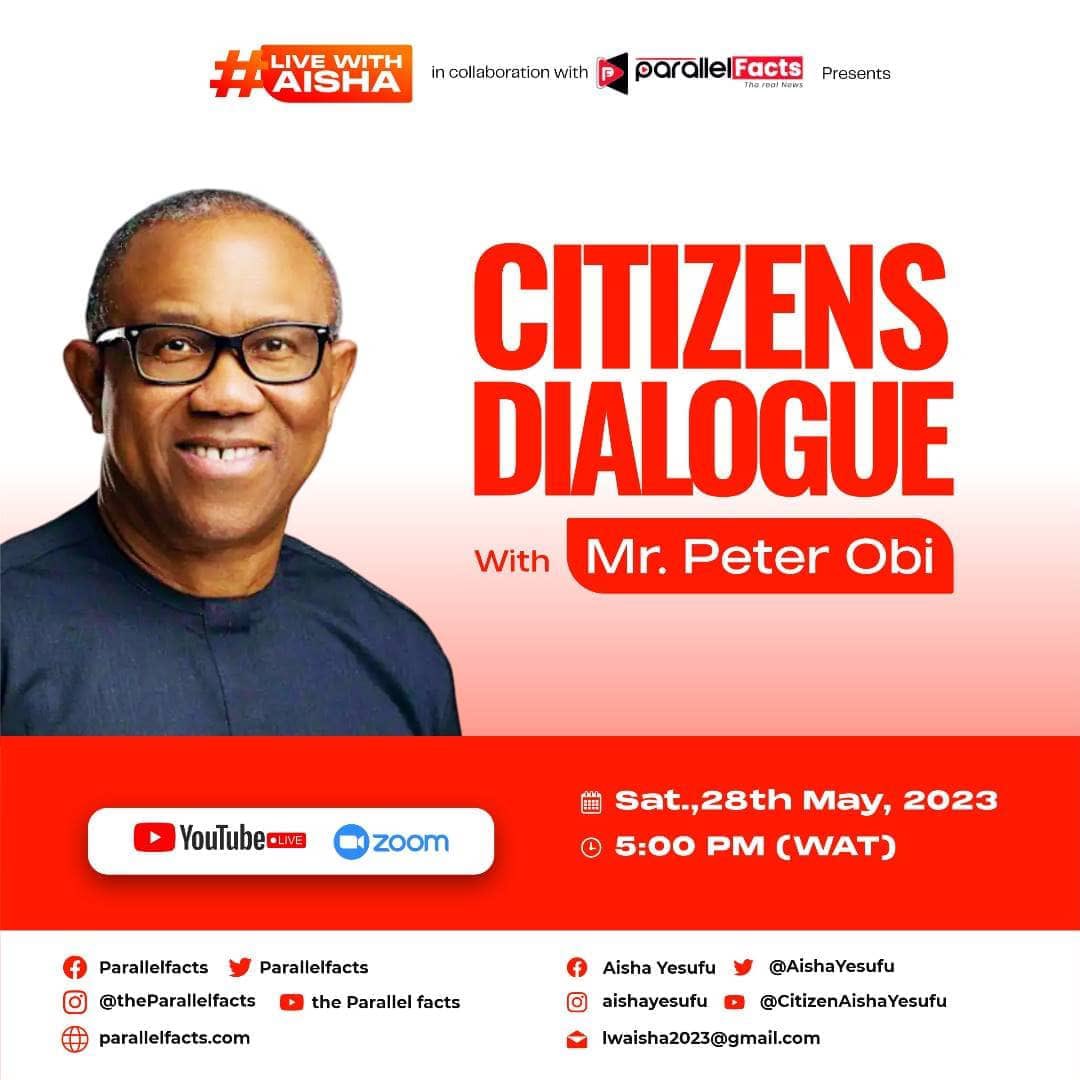 AishaYesufu's tweet photo. Citizens Engagement with Peter Obi @PeterObi 
Date: Sunday 28th May 2023

Time: 5:00pm (WAT)
Twitter Spaces

https://t.co/lcWONLDpv9

Zoom

https://t.co/PlsBncq2y4

YouTube Link

https://t.co/usVmvdyFs8 https://t.co/BhgGGeEuC6