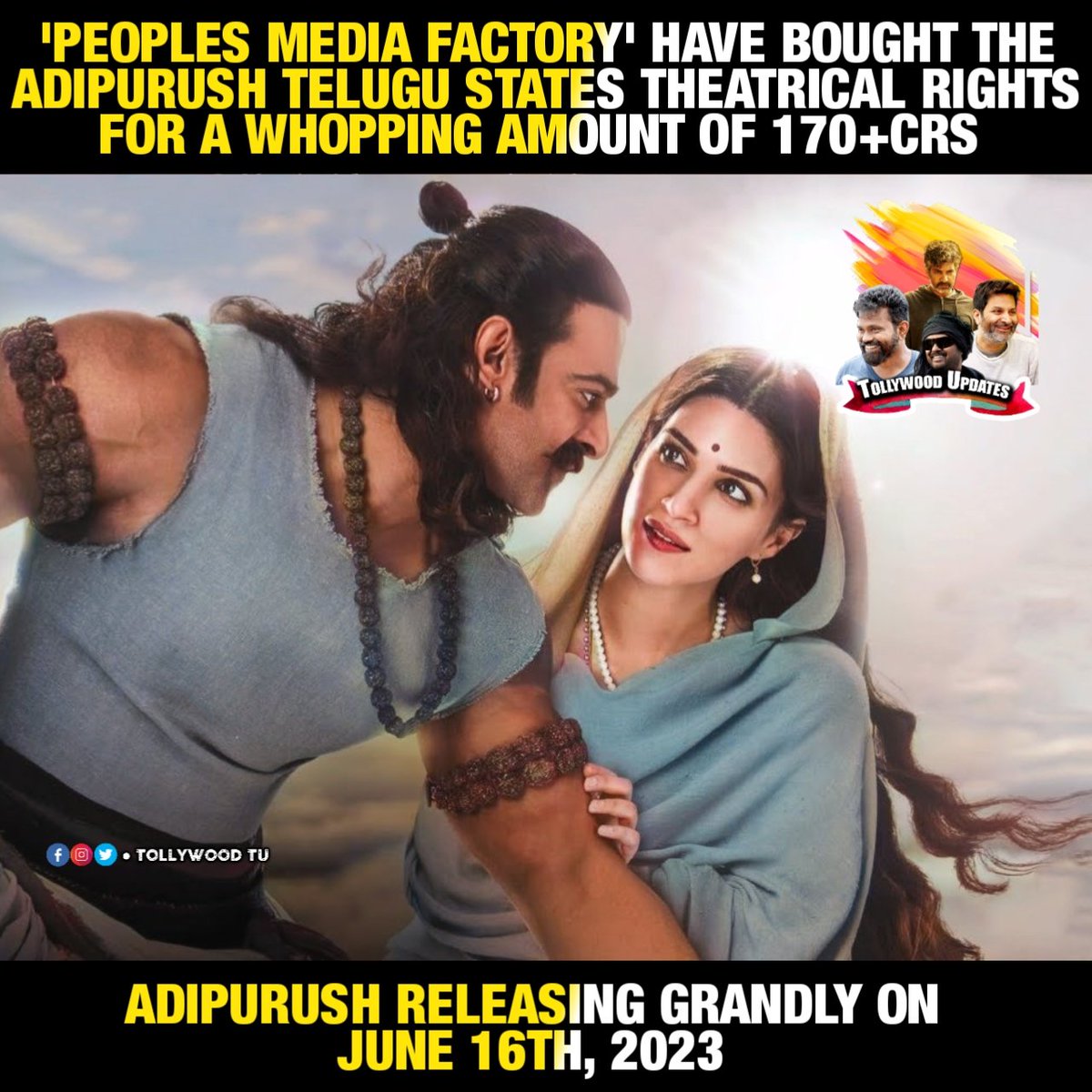 #Adipurush telugu states theatrical rights bought by #PeoplesMediaFactory for around 170+ crs. 

Hugeeeee Deal 🔥🔥🔥

#Prabhas #KritiSanon #OmRaut #SaifAliKhan